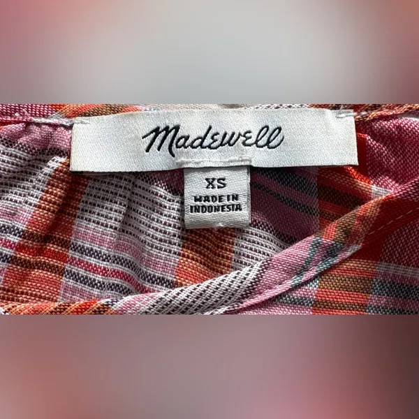Madewell Orange White Plaid Shirred Cotton Blouse Size XS Oversized Boxy‎ EUC - Image 5