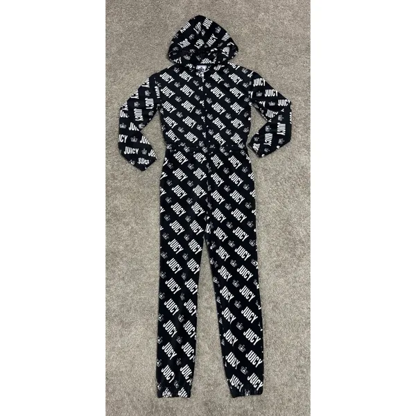 Y2K JUICY COUTURE Velvet Logo Print Hooded Jumpsuit Black Velour Vintage Glam XS - Image 2