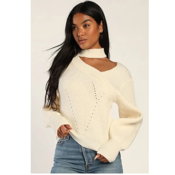 NEW Lulus Trendy Forecast Ivory Pointelle Knit Mock Neck Cutout Sweater Small - Image 2