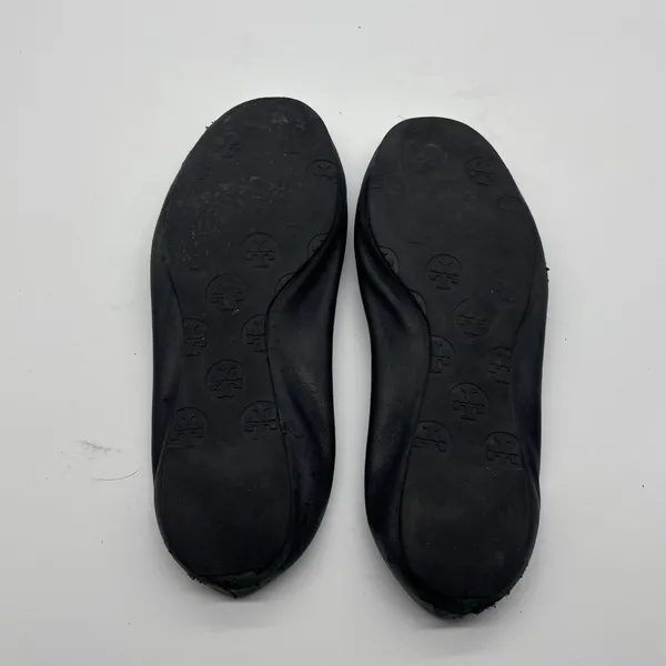Tory Burch Minnie Travel Ballet Flats Black Leather Silver Logo Medallion - Image 5