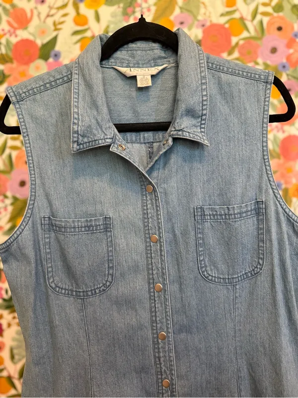 90s Casual Corner Annex Denim Chambray Sleeveless Maxi‎ Shirt Dress - Image 2