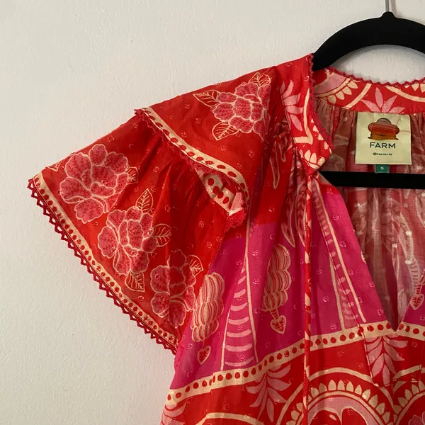 Farm Rio Red Pink Paisley Tropical Floral Blouse Beaded Tassel Boho Resort Small - Image 4