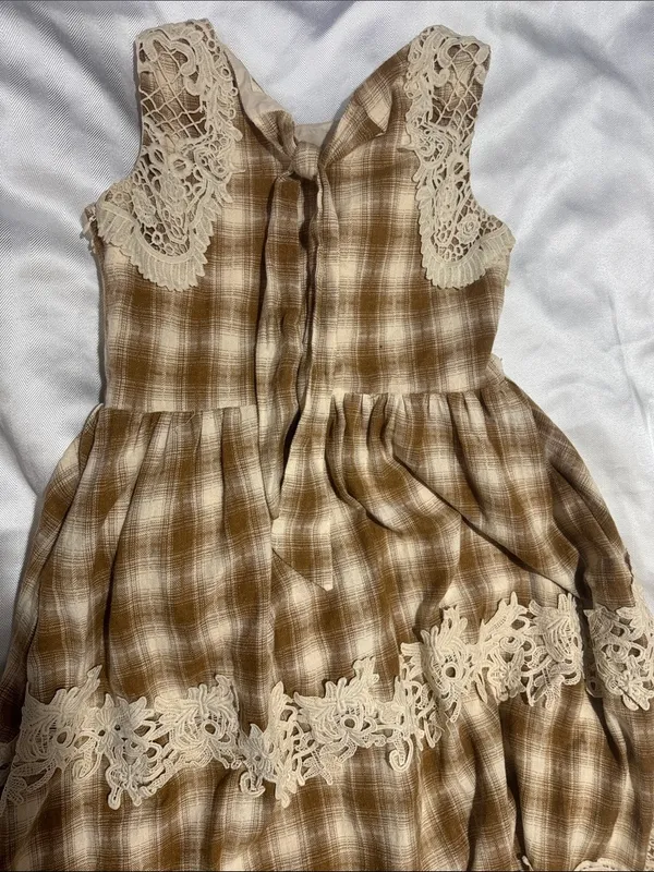 Mia joy Brown Plaid Dress with Cream Lace Yoke - Image 4