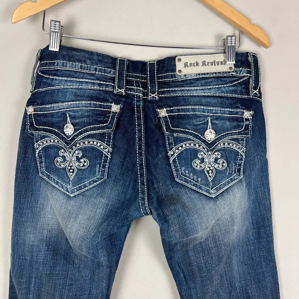 Y2K Rock Revival Sasha‎ Boot Jeans Womens 31 Dark Wash Denim Flap Rhinestones - Image 7