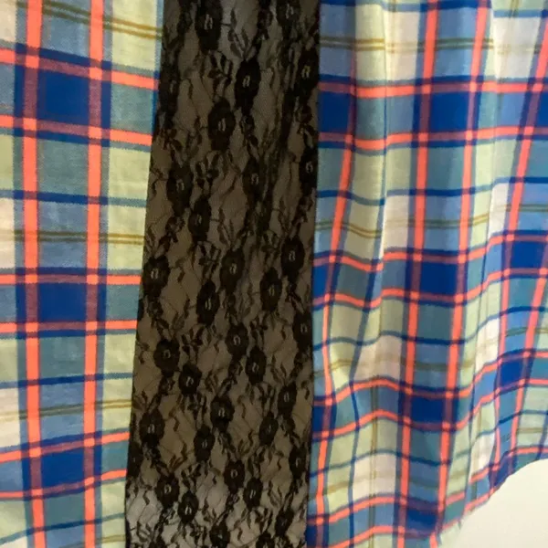 RNB Womens Button Down Flannel Shirt 3X 3XL Plaid Blue Peach Black Lace Back - Image 5