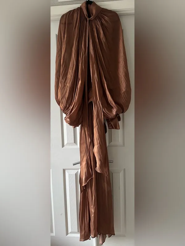 Miss Rosier Mila Brown Pleated Satin Maxi Dress size small - Image 7