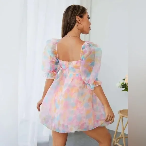 Tie Dye Square Neck Puff Sleeve Organza Dress Petite Medium - Image 2