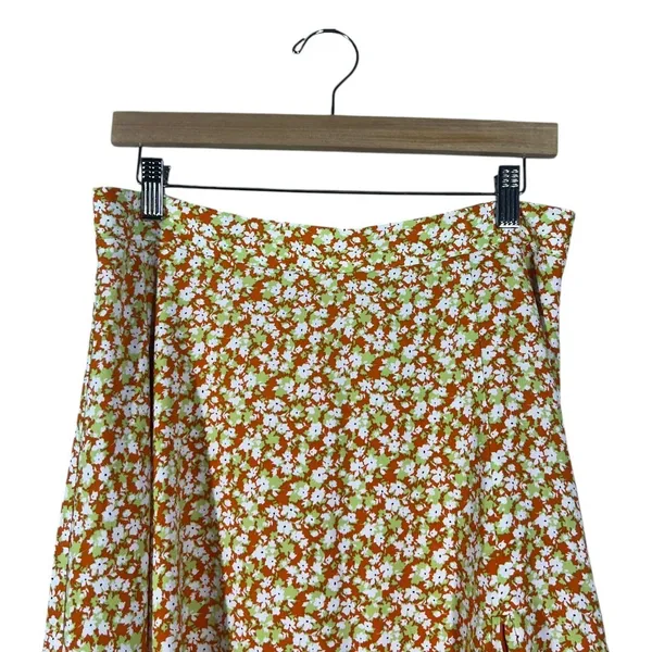 NWT Lulus Floral Print Midi Skirt Orange Green Boho Side Slit Size L - Image 2