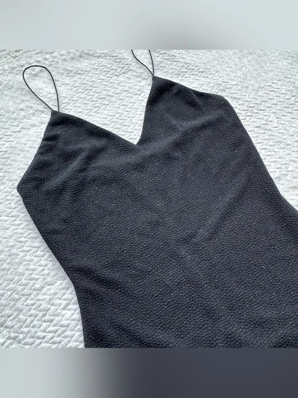 Alice + Olivia Stila Midi Dress 8 Black LBD Side Slit Sparkle Minimalist Party - Image 6