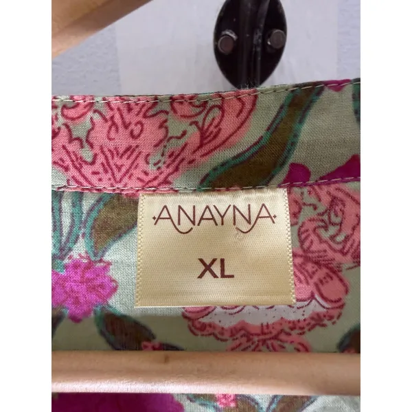 Anayna Floral Block Print Tiered Midi Dress Green Pink Cotton XL Boho V-Neck - Image 3