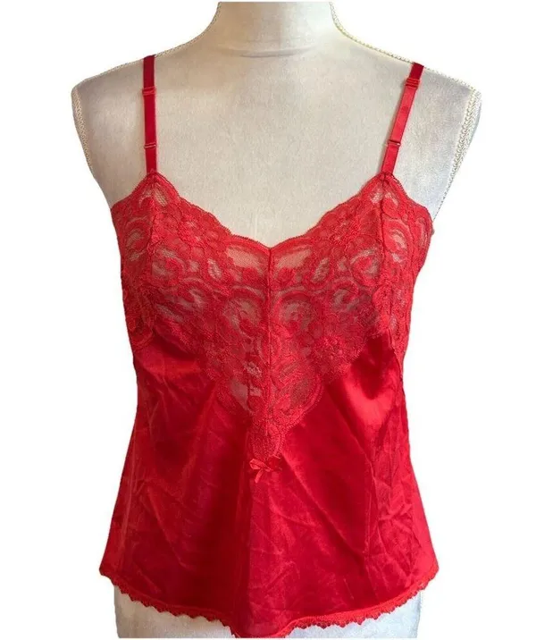 Y2K Vintage Red Lace Trim Sheer Solid Cami Tank Adjustable Strap S/M Love - Image 2