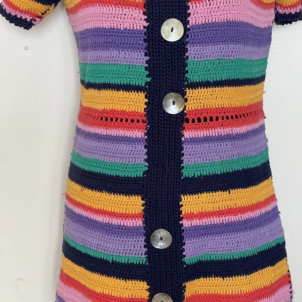 Farm Rio Sweater Dress XS Striped Short Sleeve Winter Summer Fall Boho Retro - Image 7