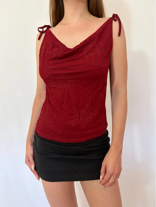 Red Slinky Cowl Neck Sparkly Top with Ties Size M - Image 9