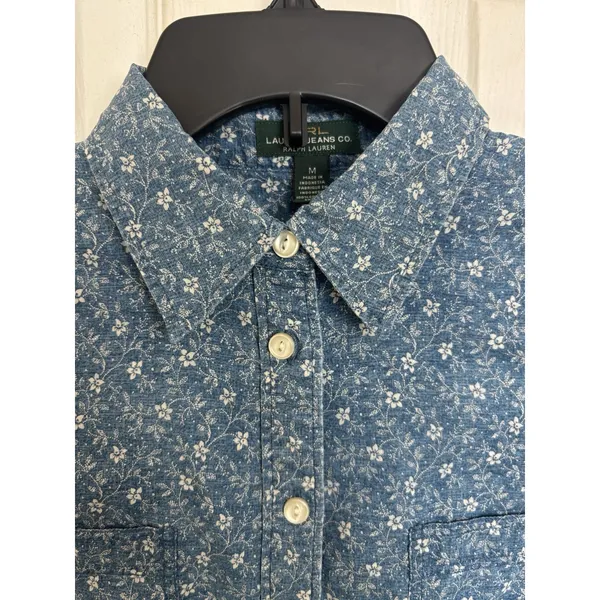 Y2K Ralph Lauren Jeans Co Floral Chambray Cotton Shirt Roll Tab Sleeve M Praire - Image 4