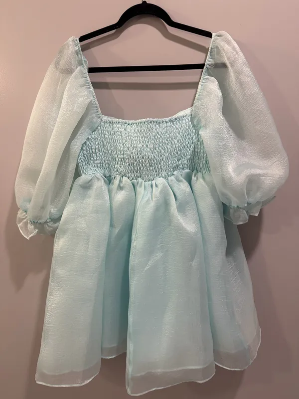 Entro Klesis Shimmery Puff Sleeve Square Neck Babydoll Dress Ice Blue - Image 6