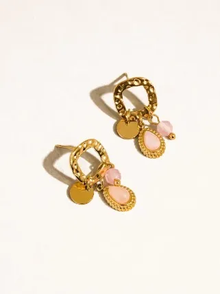 Gold Pink Quartz Dangle Earrings - Image 3