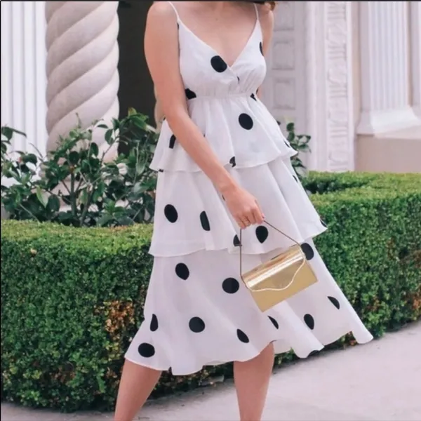 O.P.T Polka dot midi Dress layered ruffles Black Size XS - Image 4