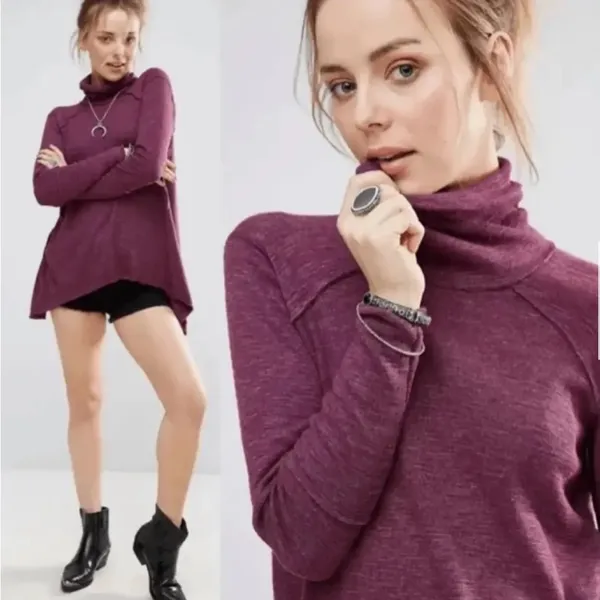 Free People We the Free Oversized Split Back Turtleneck Sweater Tunic Top‎ Plum - Image 2