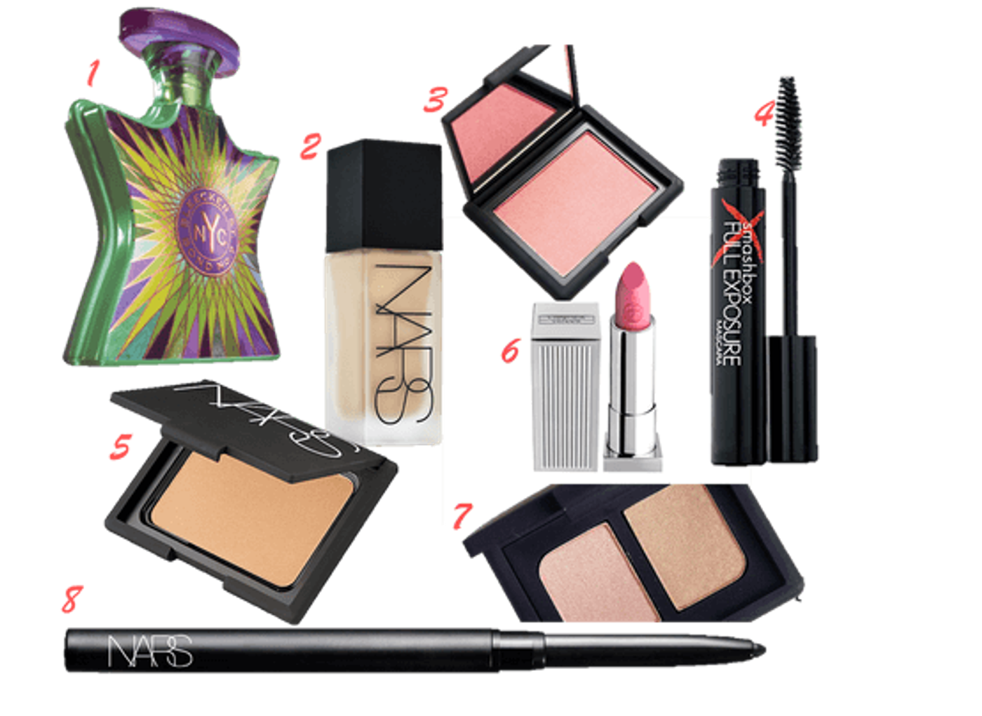 1. Bond N. 9 Bleeker Street 2. Nars Luminous Foundation 3. Nars Orgasm Blush 4. Smashbox Full Exposure Mascara 5. Nars Laguna Bronzer 6. Lipstick Queen Come Up 7. Nars Alhambra Eyeshadow Duo 8. Nars Minorque eyeliner