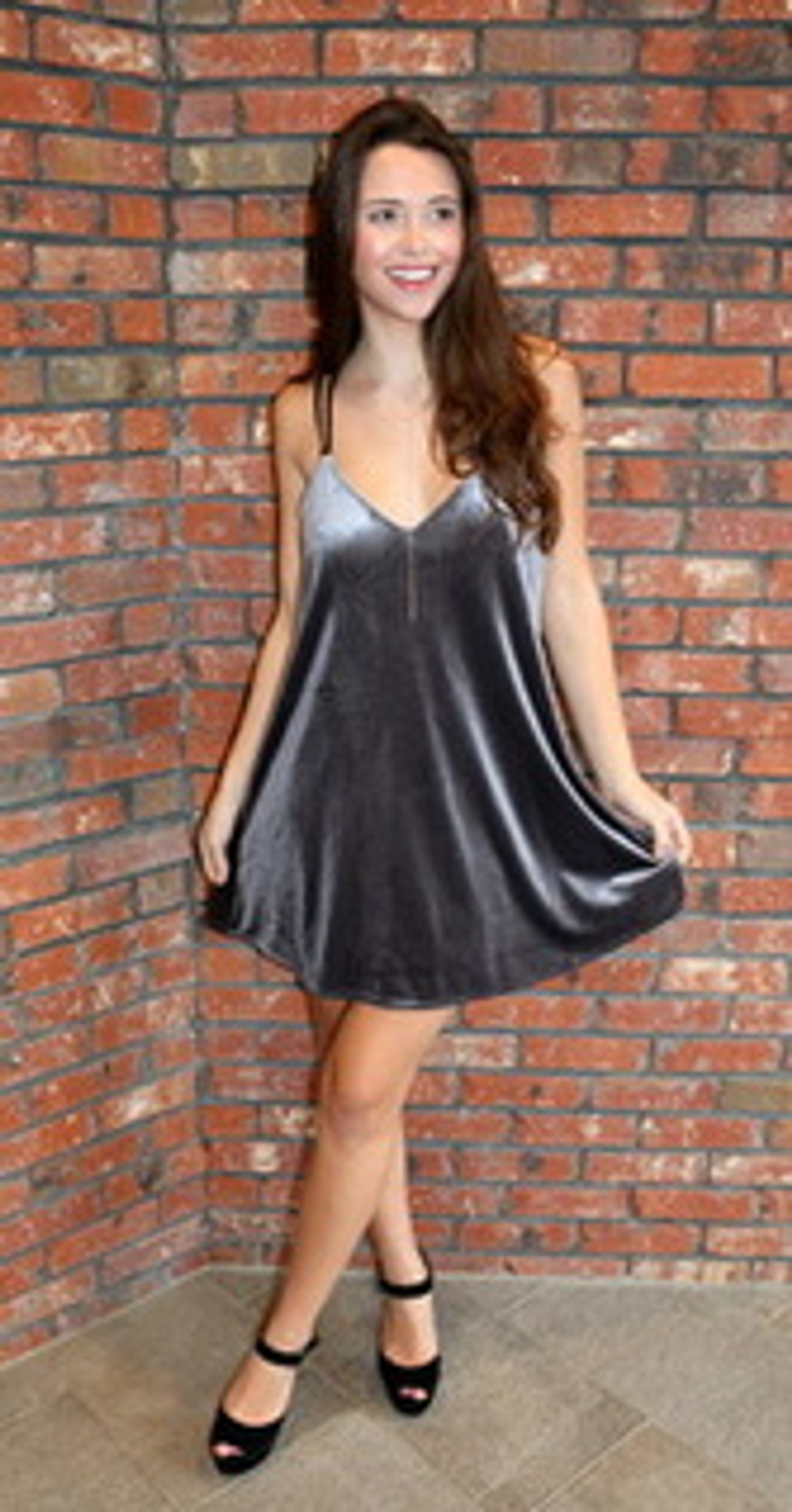 Velvet Grey Dress, Brooks Collection Diamond Lariat, Steven Madden Suede Pumps