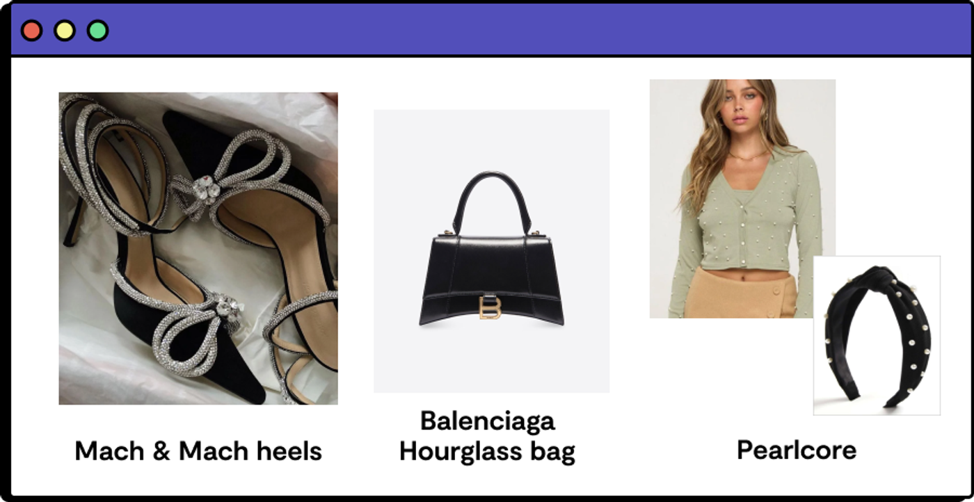 women wearing 2022 fashion trends Mach & Mach heels, Balenciaga Hourglass bag, Pearlcore trend