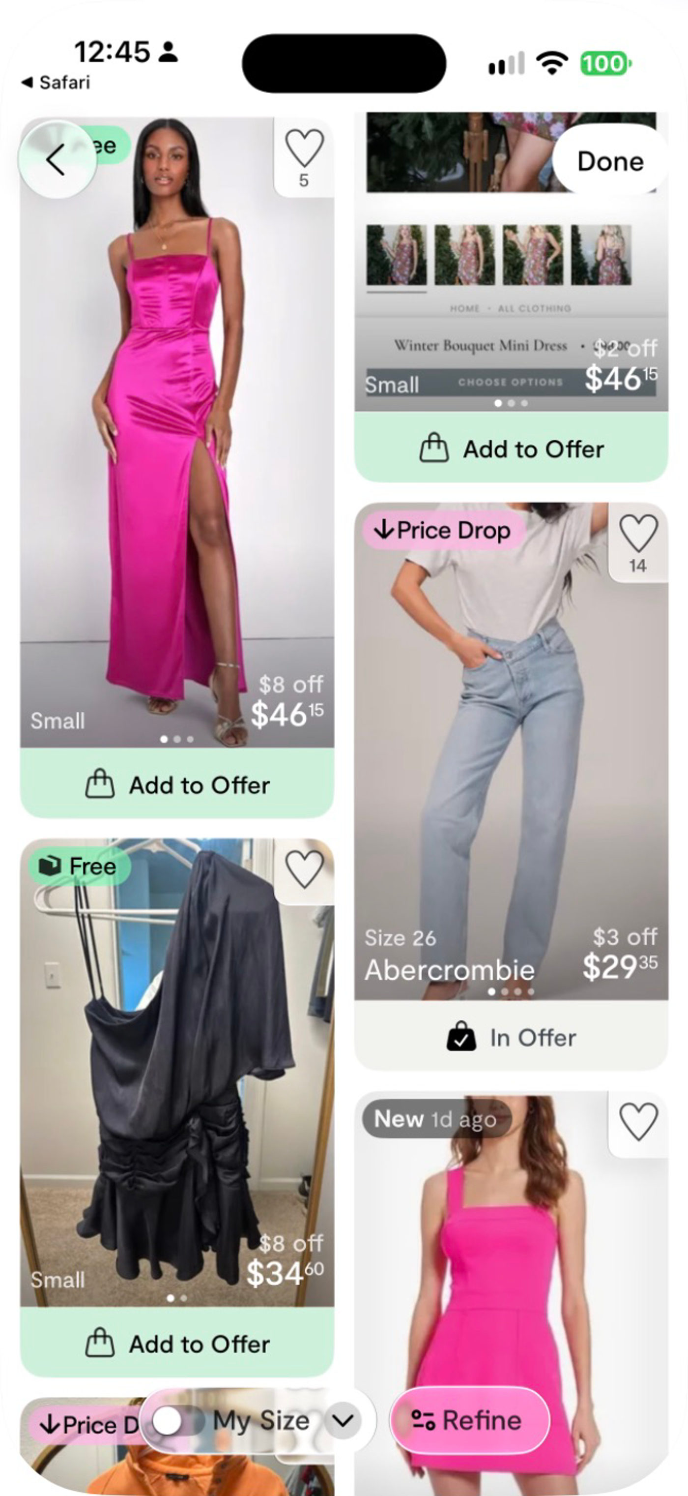 Real Curtsy app screenshot of a seller’s closet with Add to Offer buttons and Abercrombie jeans marked In Offer.