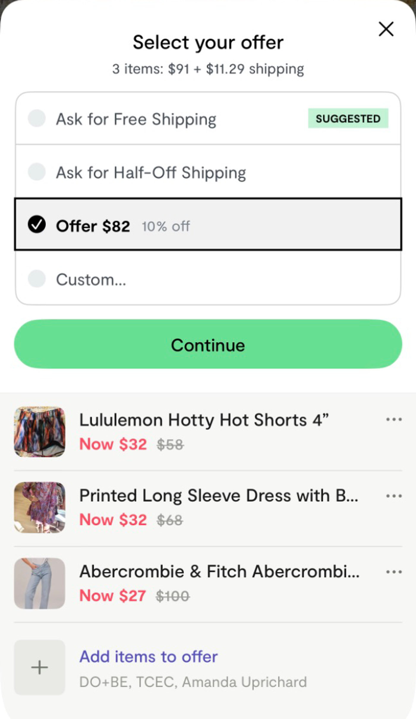 Real Curtsy app screenshot showing an $82 offer on Lululemon shorts, a printed dress, and Abercrombie jeans from one seller.