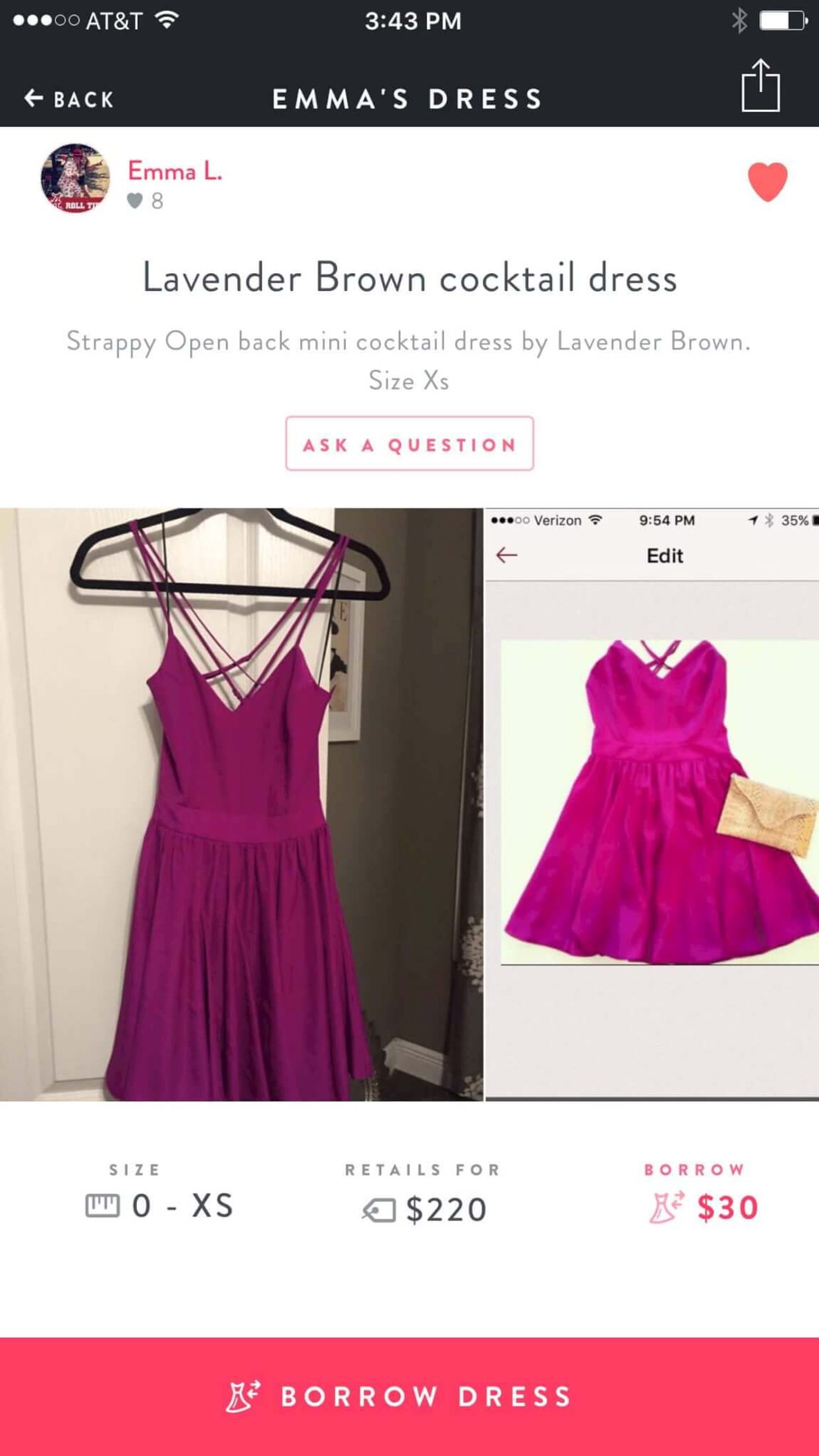 Lavender brown cocktail dress — retails for $220, borrow for $30