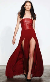 Sachin & Babi Burgundy Lamb Leather Silk‎ Strapless Pleated Maxi Dress Size 4 Photo 0