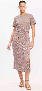 NEW LOFT Striped Twist Midi Dress 100% Cotton Brown and White - Size L Photo 0