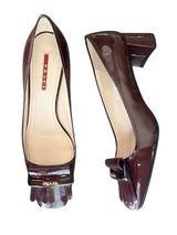Prada Women’s Oxblood Burgundy Patent Leather Kiltie Fringe Pump Heels Size 39.5 Photo 0