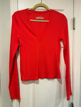 NWOT We The Free Size L Free People Ribbed V-Neck Long Sleeve Fitted Top Raw Hem Photo 0