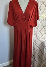 ZARA Rust Red V-Neck Maxi Dress With Pleated Front Detail & Short Sleeves Photo 0