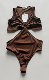 Beach and Stone Womens Ribbed O-Ring Cut Out Bodysuit Brown Size S Sleeveless Photo 0