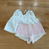 Frankie's Bikinis White Lace Trim Cami & Pink Smocked Shorts Set Photo 0