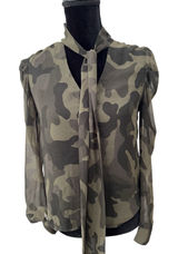 White House Black Market Camo Tie Neck‎ Puff Shoulder Blouse XXS Olive Green Photo 0