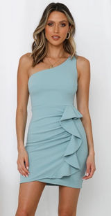 NEW!!‎ Hello Molly Backstage Pass Mini Dress One Shoulder Sage Ruffle Detail Photo 0