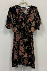 Lucy Paris‎ Black Floral Velvet Burnout Faux Wrap Midi Dress Pink Flowers Small Photo 0