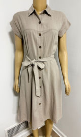 Calvin Klein Womens Tan Beige Linen Blend Button Front Belted Shirt Dress Size 4 Photo 0