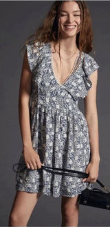 Anthropologie V-neck Plunge Tunic Mini Dress Women’s Small Floral Blue‎ White Photo 0