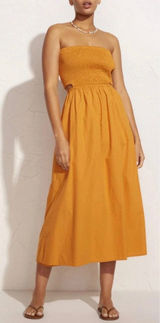 NWT Faithfull The Brand Deva Midi‎ Dress Plain Orange Smocked Cut Out Large Photo 0