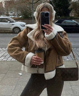 Zara Double Faced Fleece Structured Moto Jacket Sheepskin Chestnut Tan Aviator S Photo 0