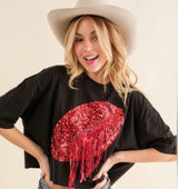 $60 NWOT Blue B. Black & Red Sequin Fringe Football Cropped T-Shirt L Photo 0