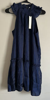 NWT Pinch Boutique Dress Small‎ Navy Blue Ruffle Neck And Trim Holiday Preppy Photo 0