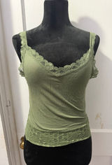 Unbranded Green Ribbed Tank Top Lace Trim V-Neck Camisole Small Sage Olive Photo 0