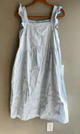 Light Blue Women’s Ruffle-Sleeve Dress with Pink Bow Embroidery Cotton Summer M Photo 0