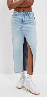 American Eagle Low Rise Maxi Denim Skirt Light Wash Front Slit Size 4 Western Photo 0