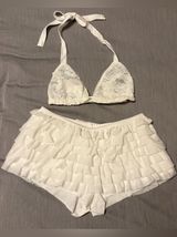 Iheartraves Medium White Lace Triangle Top & Amazon Ruffle Shorts Small White Photo 0