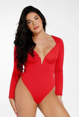 Popilush Shapewear Long Sleeve Lace Trim V-Neck Bodysuit Sz M/4-6 Red Coquette Photo 0