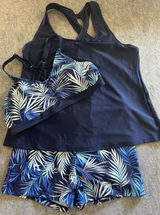 Blue Tropical Leaf Tankini 3 Piece Set w/ Swim Shorts M, Swim Beach Pool Vacay Photo 0